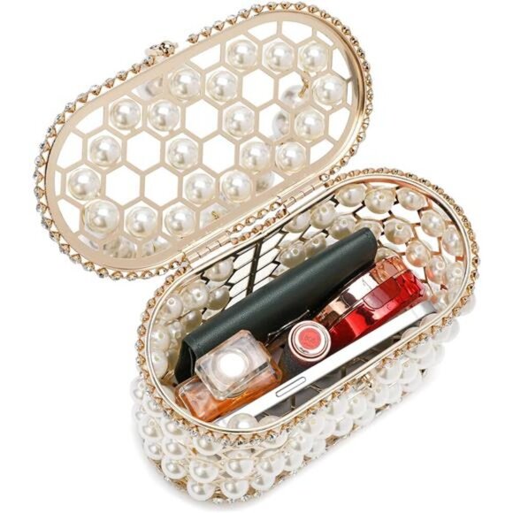 Evening Handbag Women Clutch Purses with Pearl Diamonds for Wedding Prom - Picture 3 of 5